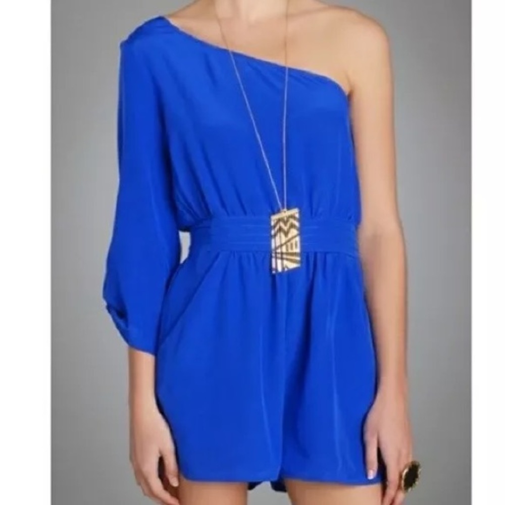 REVOLVE One shoulder long sleeve silk blue romper small